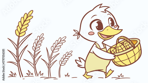 Cartoon Duckling in Overalls Carries Wicker Basket Past Wheat Stalks Illustration