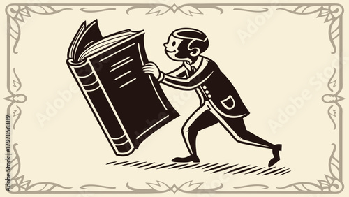 Cartoon man struggling to carry a large heavy book with decorative frame