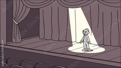 Cartoon Man Under Spotlight on Stage with Curtains and Seating