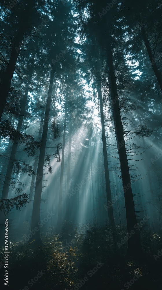 Fototapeta premium Sunlight filters through the tall trees in a misty forest, creating an ethereal atmosphere as the beams illuminate the forest floor and foliage.