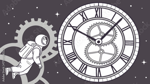 Floating Astronaut with Clockwork Gears and Roman Numeral Clock Face