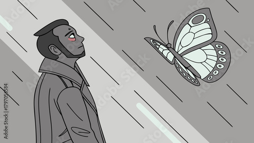 Man in coat gazes at butterfly in the rain monochrome illustration