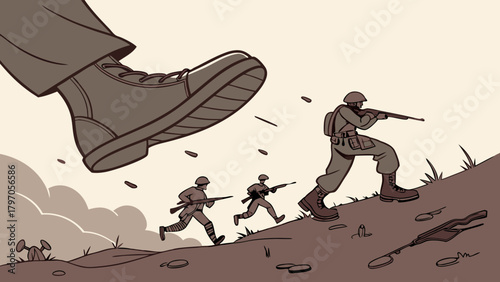 Soldiers Running Uphill Evading Giant Boot Symbolic of War and Conflict