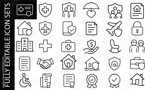 Minimal editable line icon set for insurance, health care, family protection, security, medical service and home safety