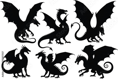 Tableau sur toile Mythical Dragon Silhouettes Set Vector Illustration, Fantasy Medieval Tattoo Mas