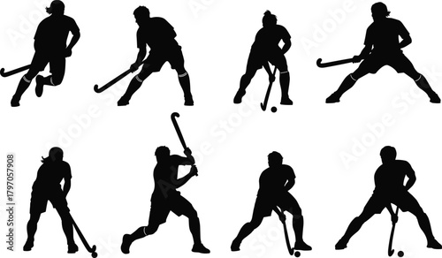 Field Hockey Player Action Silhouettes Set Vector Illustration Graphic Art Design Outline Sketch Symbol Stick Ball Game.