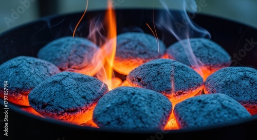 Charcoal briquettes glowing in a grill with flames and smoke at a backyard barbecue event during evening hours