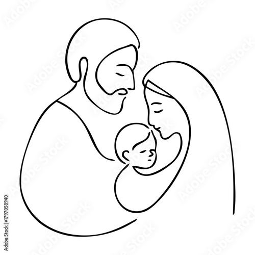 Logo con dibujo de línea continua de escena de la natividad con San José, la Virgen María y el niño Jesús