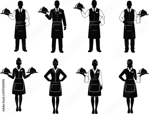 Waiter Waitress Server Staff Silhouettes Set Vector Illustration Graphic Art Design Outline Sketch Symbol Restaurant Catering Uniform.