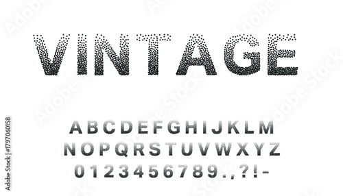 Vintage halftone font made of scattered ink dots on white