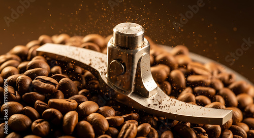 Close-up of coffee beans and a grinder blade, showcasing the process of grinding coffee.