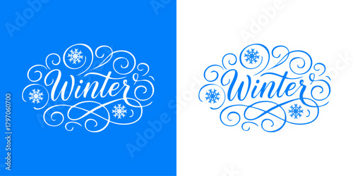 Tiempo de Navidad. Logo texto manuscrito Winter con copos de nieve y filigranas para tarjetas y felicitaciones