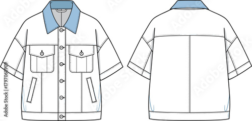Oversized Short Sleeve Trucker Jacket Technical Fashion Flat Sketch Vector CAD Drawing Illustration, Denim Style, Front and Back View, Light Blue Collar.