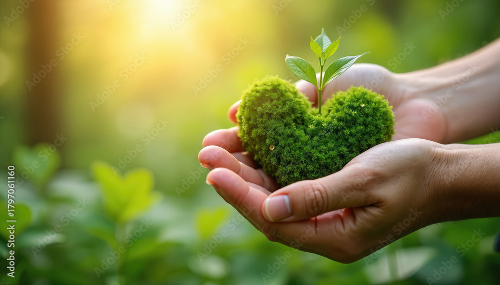 Naklejka premium Hands hold heart shaped moss with young plant. It is symbol of love, nature, ecology. Green background bokeh with sunlight. Concept of eco responsibility and spring growth.