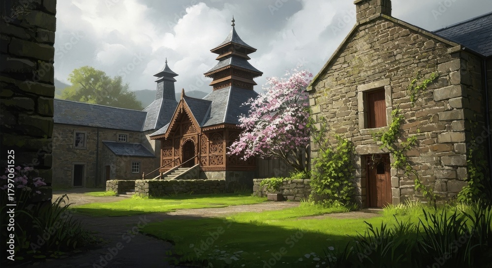 Fototapeta premium Picturesque stone buildings and ornate wooden architecture with a pagoda roof, blooming pink tree, and lush green grass in a peaceful village courtyard.