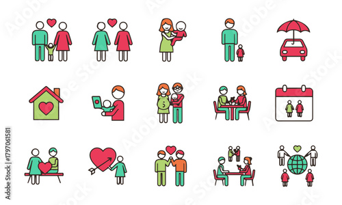 Family and Relationship Icon Set – People, Parenting, Love, Care, and Community Symbols for Social, Parenting, and Support Concepts