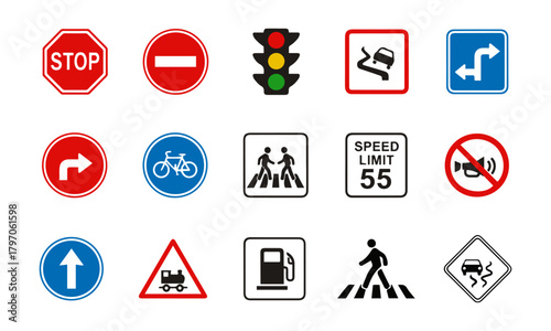 Road and Traffic Sign Icon Set – Stop Sign, Direction, Warning, Pedestrian, and Regulatory Symbols for Driving, Education, and Navigation Design