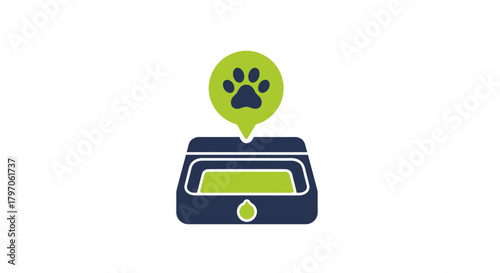 Modern pet care solution featuring a self-cleaning litter box with paw icon, promising convenience and hygiene for pet owners and their furry friends