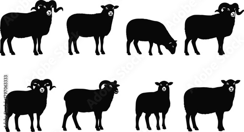 Black Sheep Ram Silhouettes Vector Illustration Set Isolated White Background For Farm Livestock Veterinary Icon Logo Design Elements Cad Drawing Flat Vector Illustration