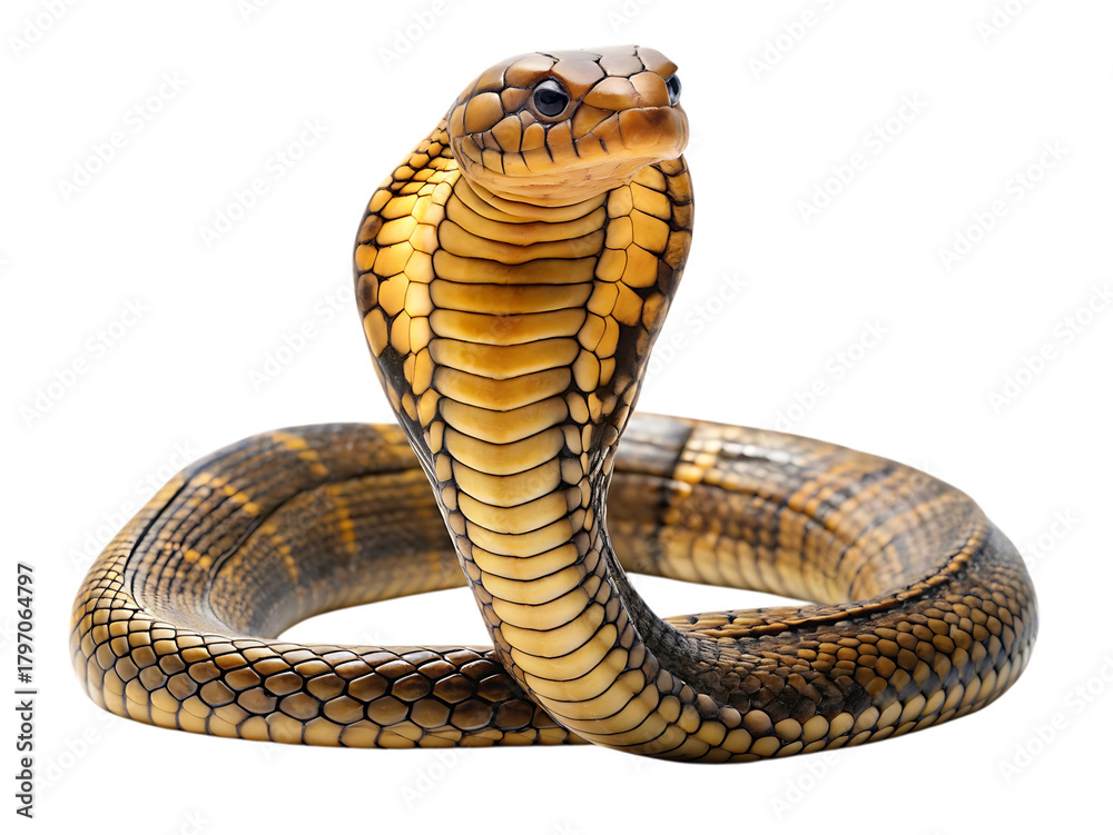 Fototapeta premium A striking cobra snake coiled and ready to strike, isolated on transparent background, showcasing its intricate scales and hood