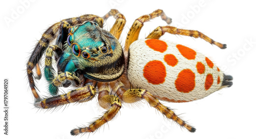 Isolated peacock spider is a colorful animal in macro photography showcasing iridescent colors