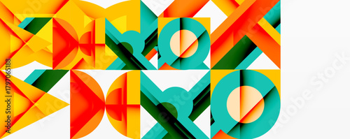 Geometric patterns dominate image. Bright colors, sharp angles create dynamic composition. Abstract design evokes modern aesthetic.