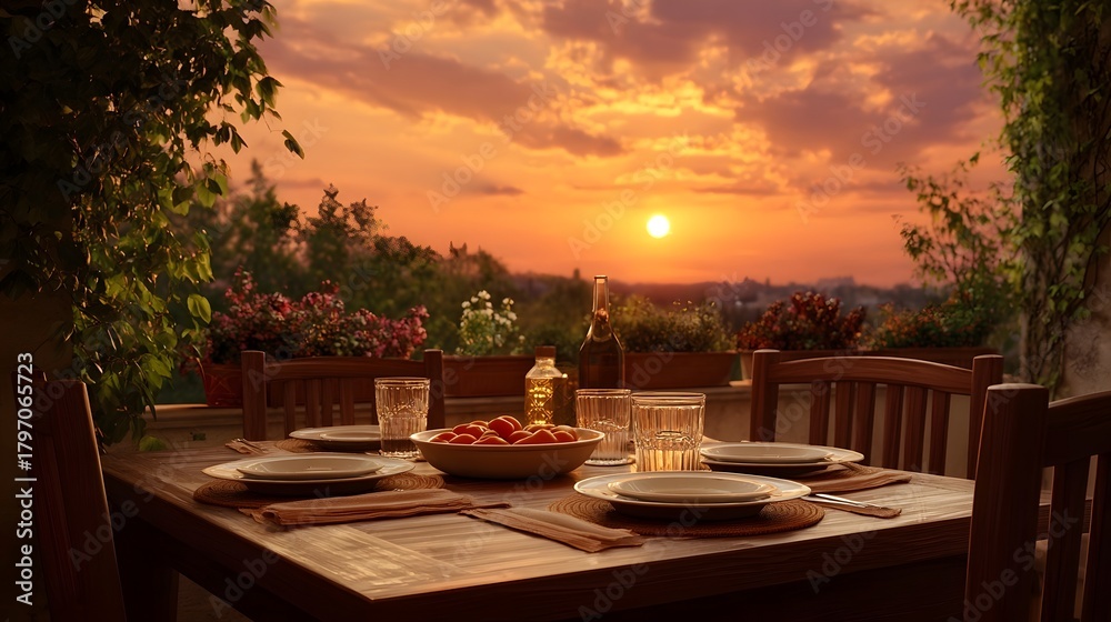 Obraz premium An inviting outdoor dining table set with plates glasses and fresh tomatoes is bathed in the warm golden light of a dramatic sunset