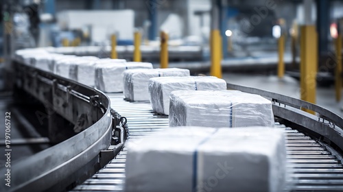 Packages Moving on Conveyor Belt in Distribution Center Warehouse Environment