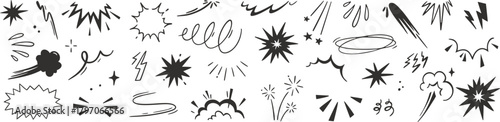Hand-drawn comic effects with dynamic bursts and abstract motion lines. Energetic sketch elements for action scenes. Versatile doodle accents for creative illustrations.