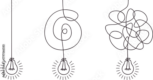 Minimal lightbulb line art showing simple, spiral, and tangled paths. Creative concept of clarity and complexity. Clean modern illustration for problem-solving themes.