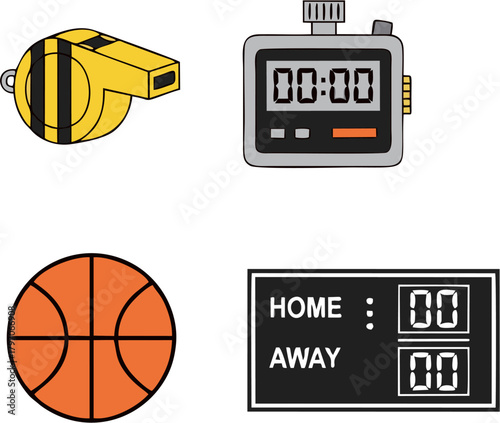 Basketball Game Essentials Whistle, Timer, Ball, and Scoreboard Illustration