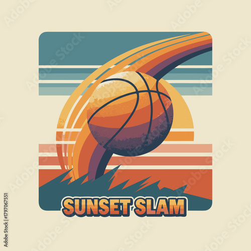 retro basketball illustration with sunset stripes, vector graphic.svg