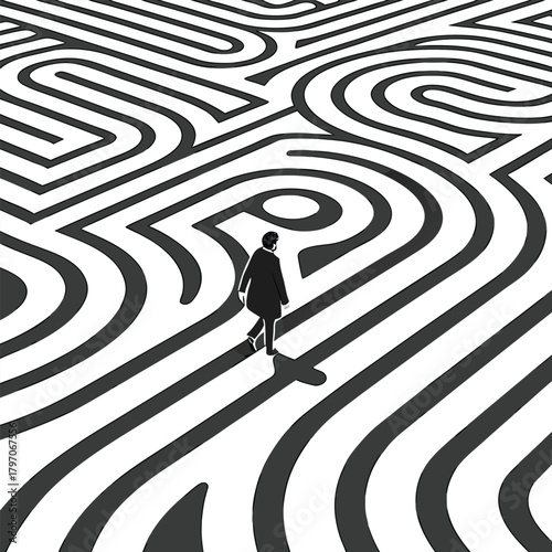 Man walking through a black and white maze labyrinth