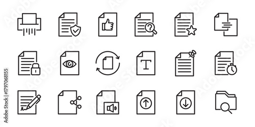 Collection of black and white document icons representing various file management and paperwork tasks. Financial Document Analysis and Calculation Icons Set. Modern flat vector illustration of contact