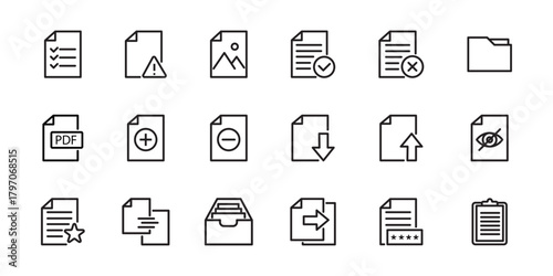 Collection of black and white document icons representing various file management and paperwork tasks. Financial Document Analysis and Calculation Icons Set. Modern flat vector illustration of contact