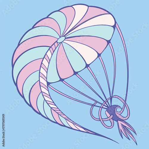 Pastel colored parachute with blue background skydiving