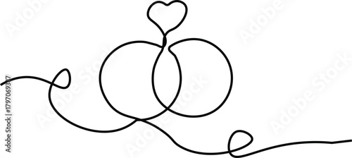 One continuous line drawing of Wedding rings. Romantic elegance concept and symbol proposal engagement and love marriage in simple linear style. Editable stroke. Outline vector illustration