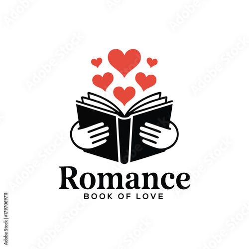 Romance Book of Love Logo with Hearts, Hands Holding Open Book with Flying Hearts, Reading Love Stories Icon/Symbol, Literature and Romance Genre Logo Design, vector, illustration.