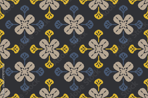  Ikat geometric folklore ornament. Oriental vector damask pattern. Ancient art of the Arabesque. Tribal ethnic texture. Spanish motif on the carpet. Aztec style. Indian rug. Gypsy, Mexican embroidery.