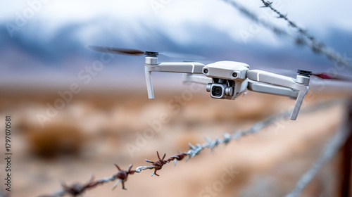 Drone by desert barbed wire. A drone navigates close to a rusty barbed wire fence in a wide desert landscape, with mountains in the background.