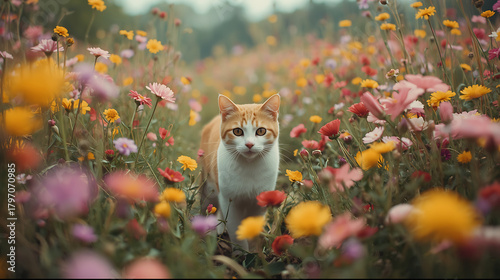 Fototapeta Naklejka Na Ścianę i Meble -  Adorable cat enjoys vibrant flowers in spring meadow