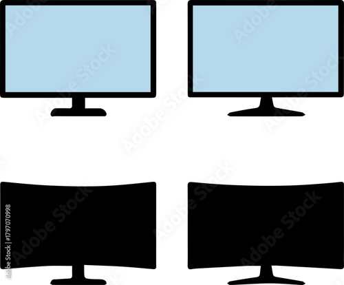 Set of Flat and Curved Television Silhouette Icons