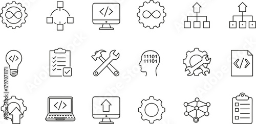 A comprehensive vector illustration showing essential tools and processes for modern software development, including continuous integration, coding, debugging, and project management tasks.