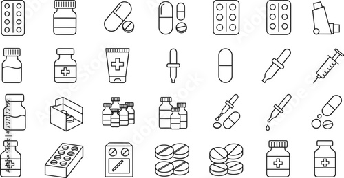An extensive collection of essential medicine and pharmaceutical line icons illustrating various drug forms, containers, medical tools, healthcare, and treatment supplies for modern use.