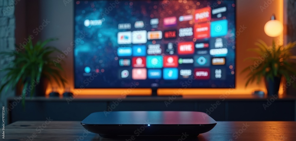Fototapeta premium Smart TV interface displays app icons for streaming services and video content. A media player box sits on a wooden table in a modern living room setting.