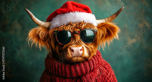 Highland cow in festive sweater and hat. A Highland cow wears sunglasses, a Santa hat, and a red sweater in a cheerful holiday setting.