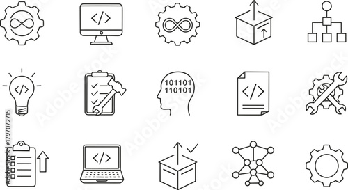 This essential collection of software development, programming, and coding line icons represents key concepts like DevOps, testing, optimization, and abstract problem-solving processes.
