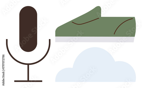 Brown microphone, green shoe, and light blue cloud abstractly convey themes of communication, movement, creativity, and innovation. Ideal for technology, progress, collaboration sustainability