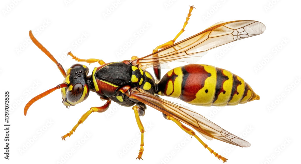 Fototapeta premium Isolated Polistes parametricus wasp, vibrant yellow and black markings, distinct body segments