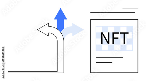 Curved arrow splitting into two directions with one highlighted path and NFT text on a document. Ideal for blockchain, decision-making, technology, innovation, digital assets, future planning, simple